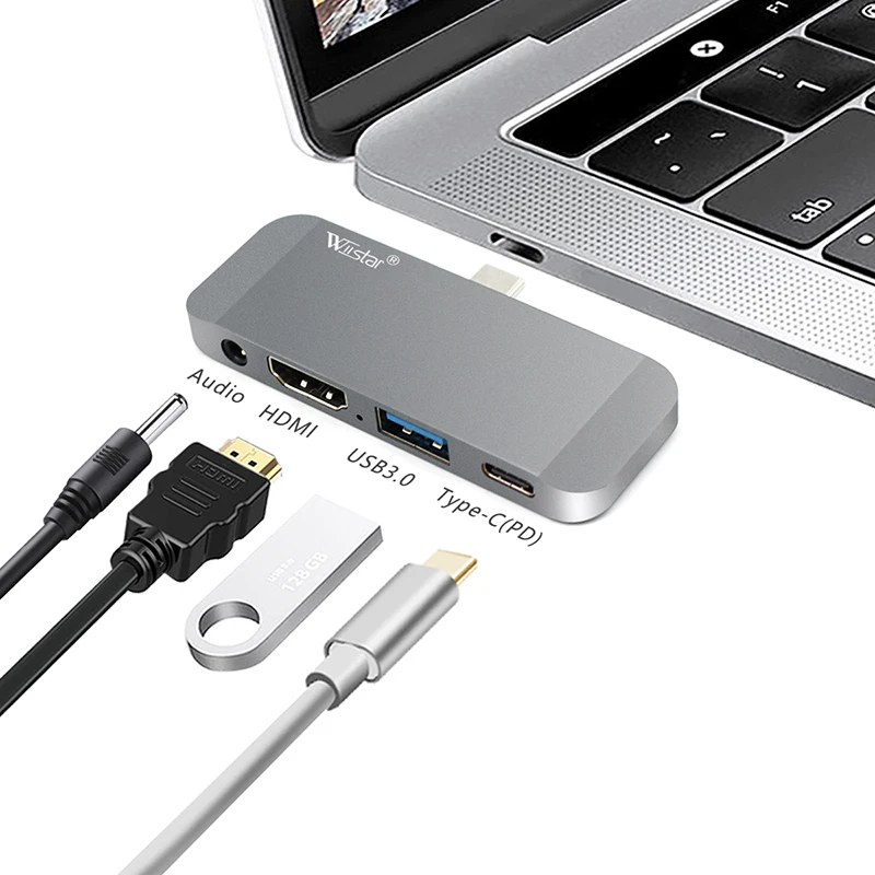 

USB C HUB Type C Thunderbolt 3 Dock 4 in 1 USB-C Adapter Dongle Combo with USB 3.0 DP,AUDIO HDMI Ports For MacBook P