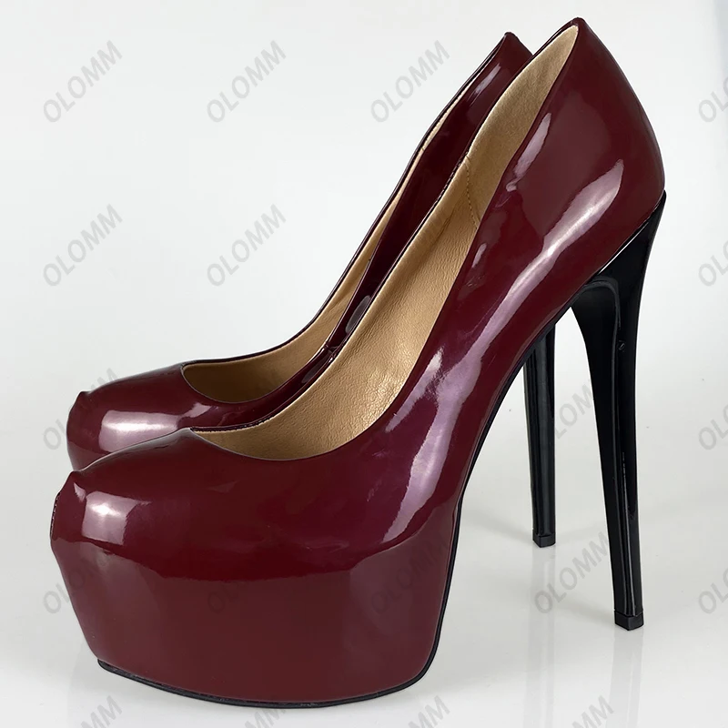 Olomm Handmade Women Platform Pumps Glossy Sexy Stiletto Heels Round Toe Gorgeous Dark Purple Club Wear Shoes US Size 5-20