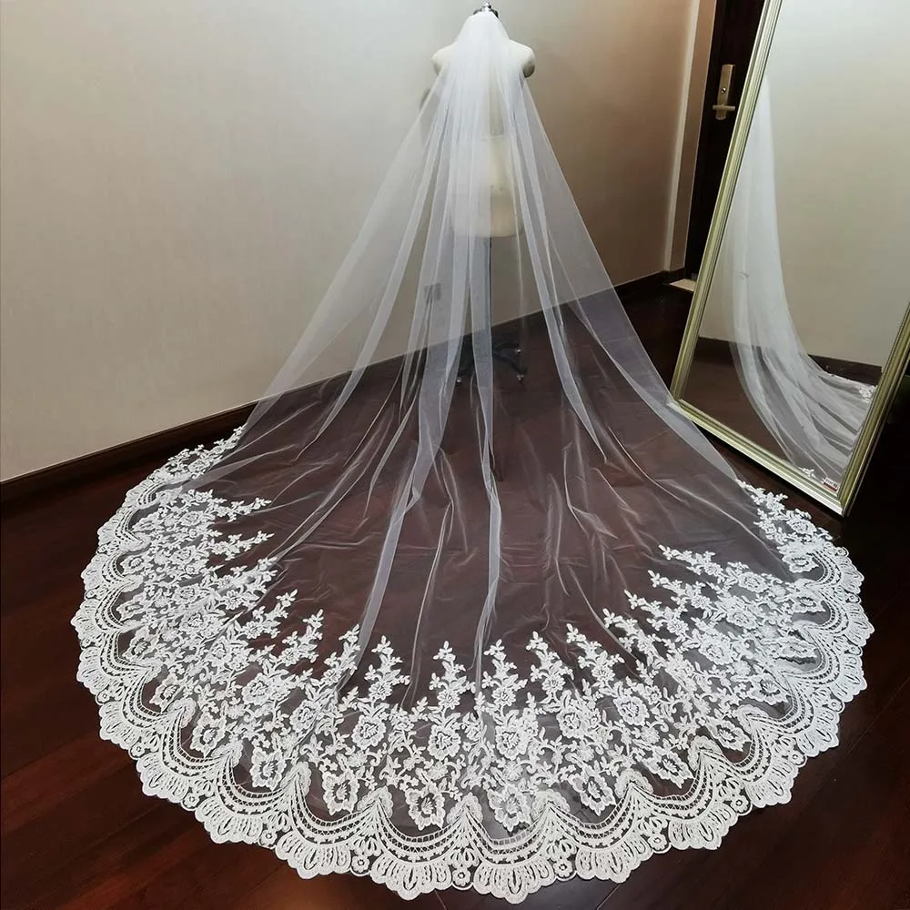 Real Photos Cathedral Lace Wedding Veil 3 Meters Long One Layer White Ivory Bridal Veil with Comb Wedding Accessories Welon 2021