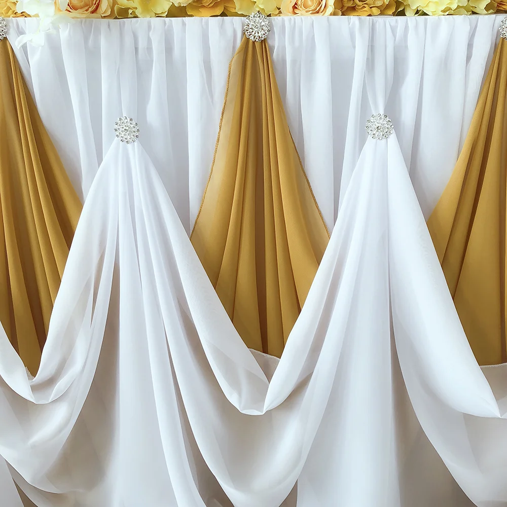 Gold White Chiffon Table Skirt with Diamond Brooch, Wedding Party Decor, New Design , 10 ftx30 inch, 1 Pc