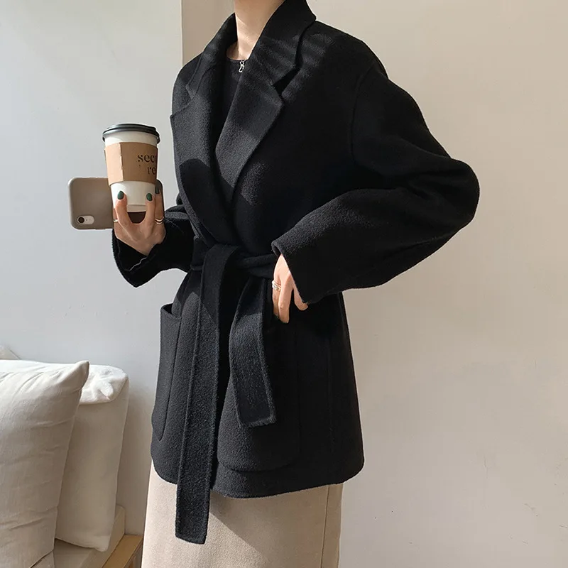 2021 Autumn Korean Double Sided Black Short 100% Wool Coat Women\'s Loose Lacing Belt Red Woolen Overcoat