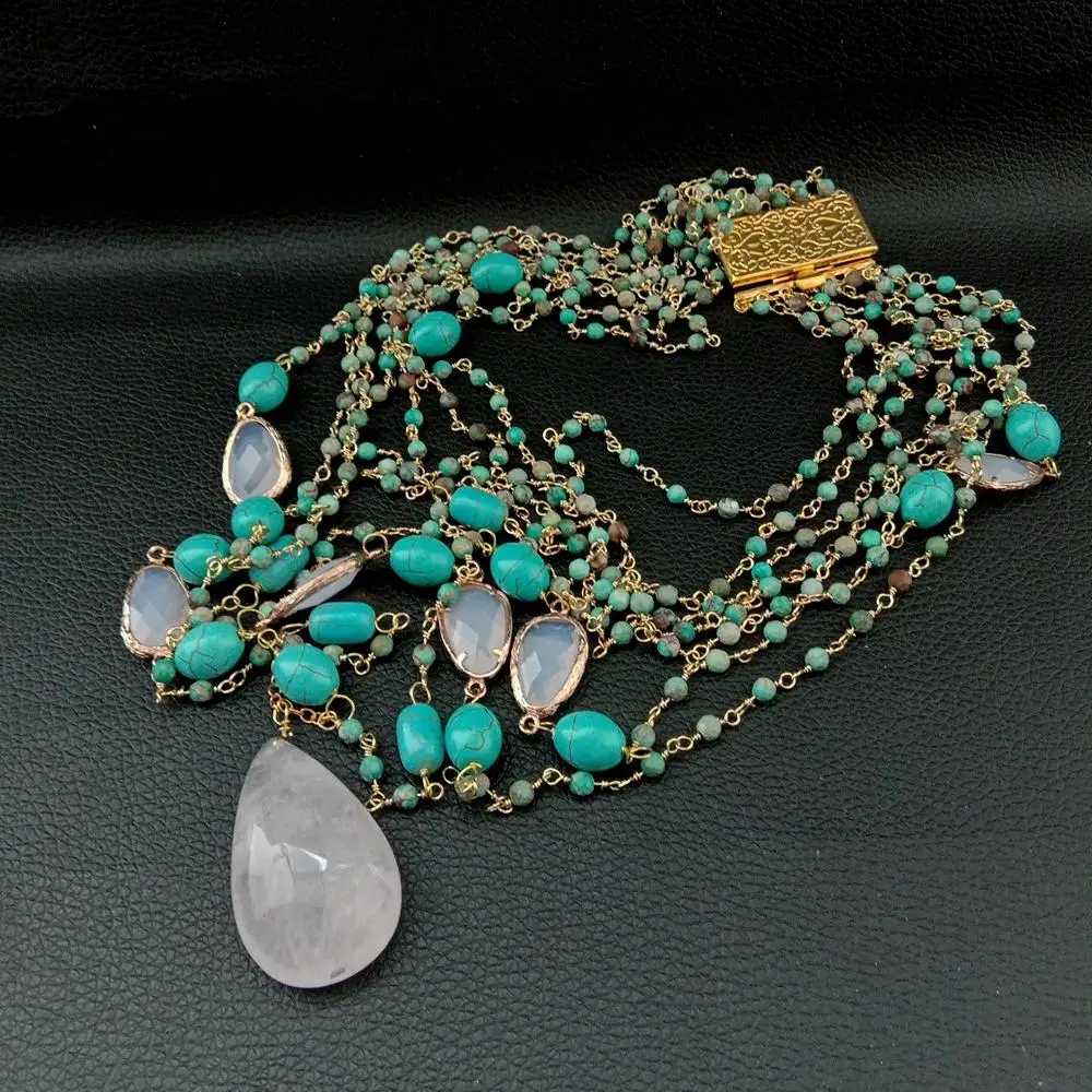 YYGEM Genuine Rose Quartz Teardrop Pendant 7 Strands Sea Sediment Jaspers Pink Crystal Necklace Hyperbole Ethnic For Women