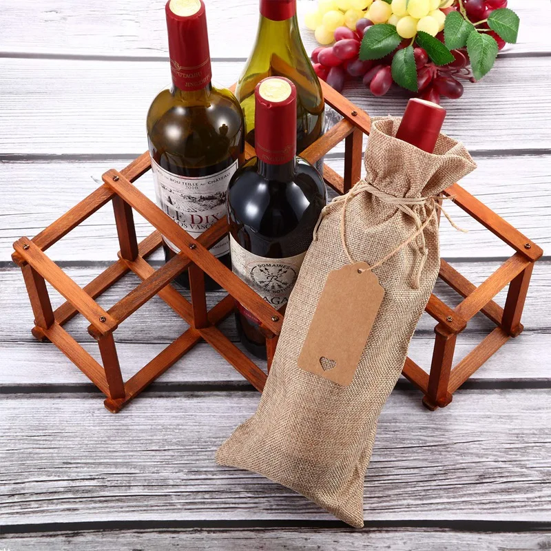 12 Pieces Burlap Wine Bags Jute Wine Bottle Bags with Drawstrings Reusable Wine Gift Bags with Tags for Party Blind Tasting Birt