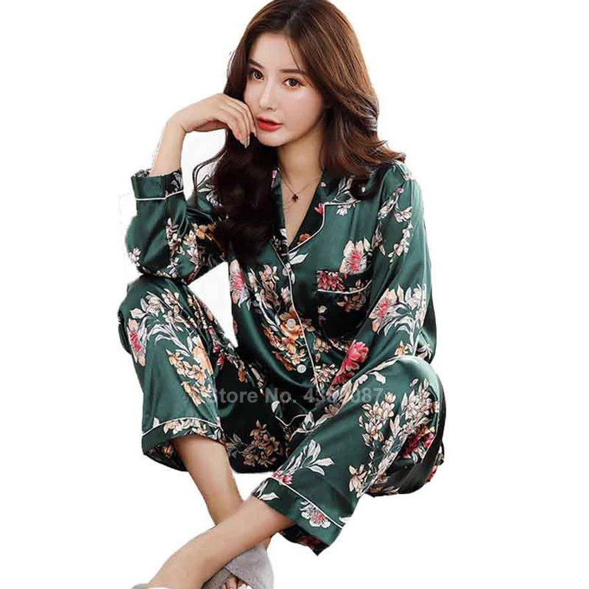 

Japanese Style Silk Sleepwear Set for Women Floral Smooth Comfy Home Wear Long Sleeve Pajamas Bathing Yukata Kimono Nightgown