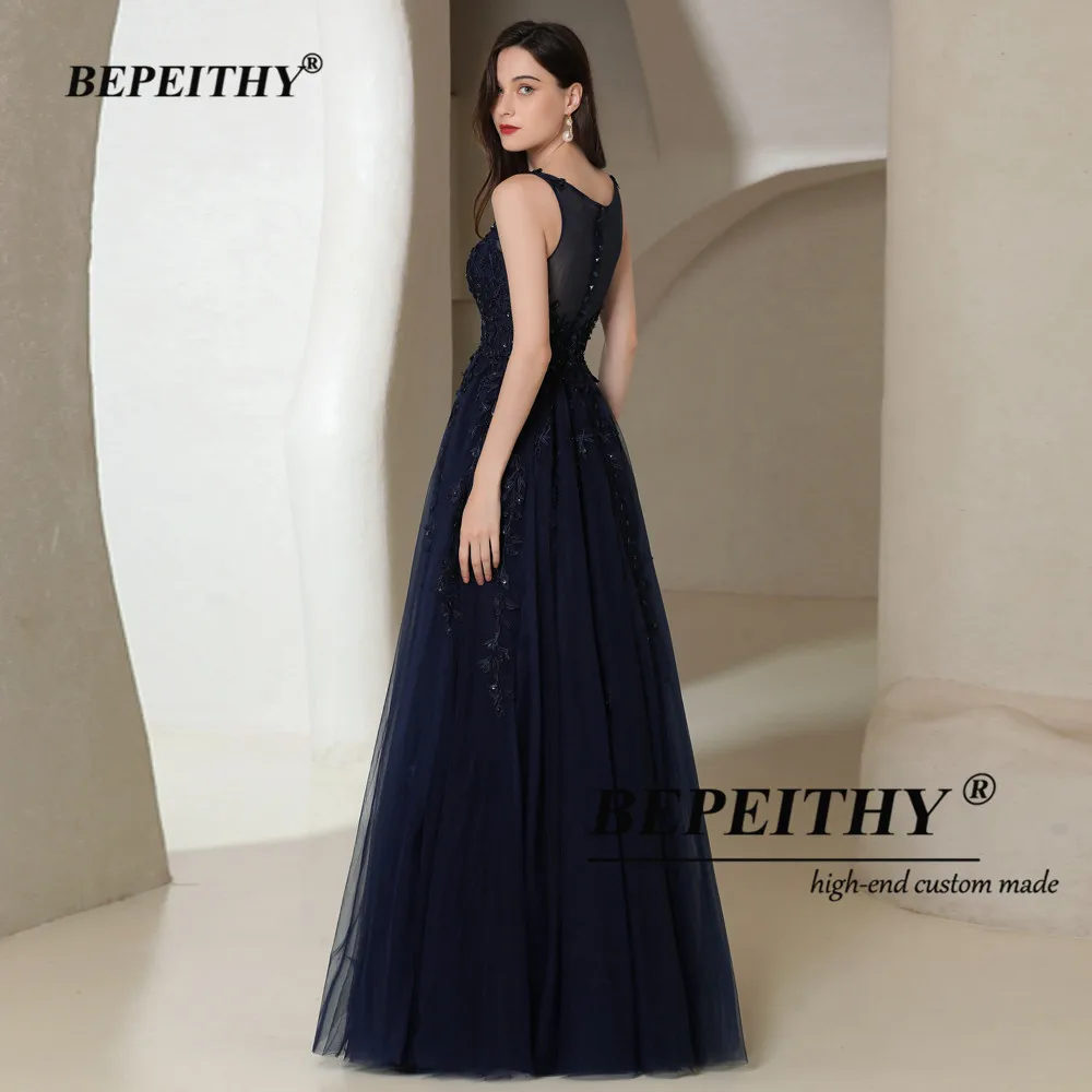 BEPEITHY Customized Navy Blue Long Evening Dresses For Women 2023 V Neck Sleeveless Prom Dress For Womens Elegant Luxury Gowns