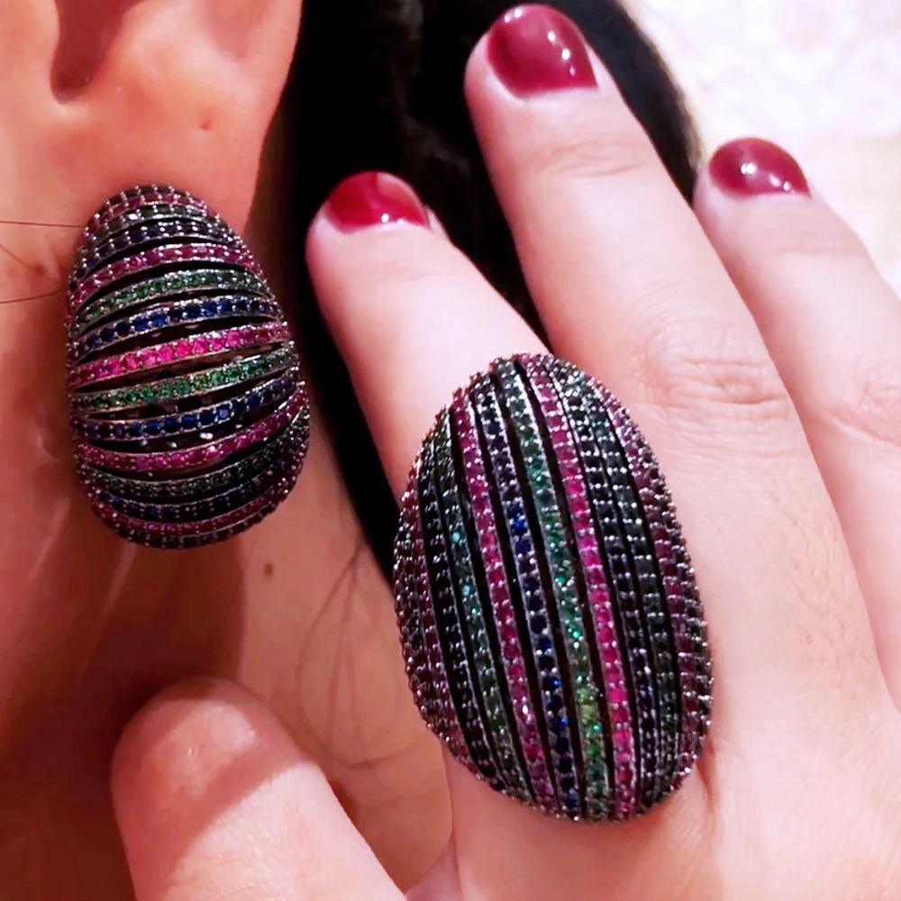 

missvikki Trendy Multicolor Big Bold Earrings Ring for Women Cubic Zircon Finger Rings Beads Charm Ring Bohemian Beach Jewelry
