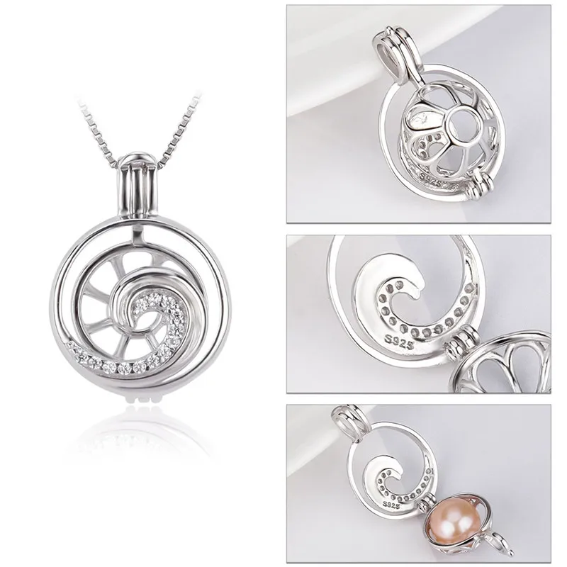 CLUCI 925 Sterling Silver Charms White Cubic Zircon Wave Shape Pearl Cage Locket Pendant for Necklace For Women SC376SB