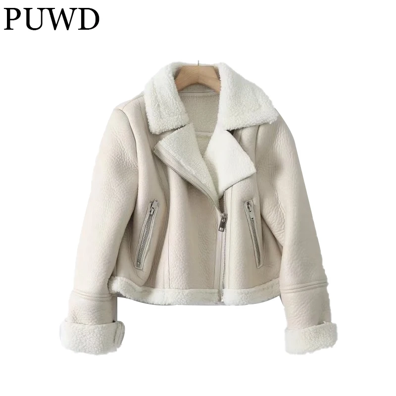 PUWD Warm WomenShort Faux Fur Jacket  2021 Winter Leisure Streetwear  Retro Solid Comfortable Fashion Loose Female Thick Outwear