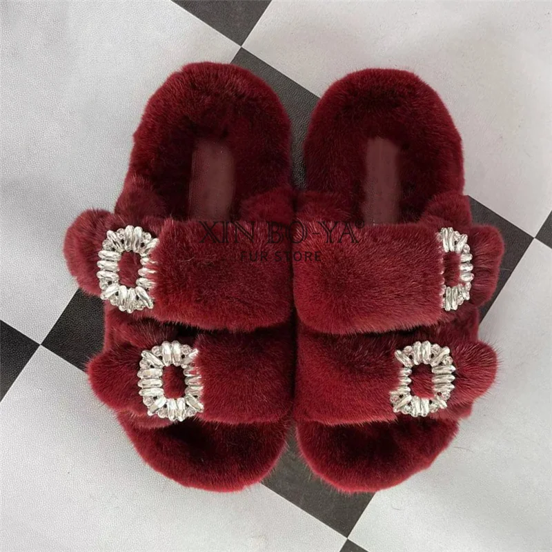 Summer 100% Mink Fur Slippers High-End Luxury Customization 2024 Women\'s Shoes Flat Fashion Flat Heel Luxury Fluffy Sandals