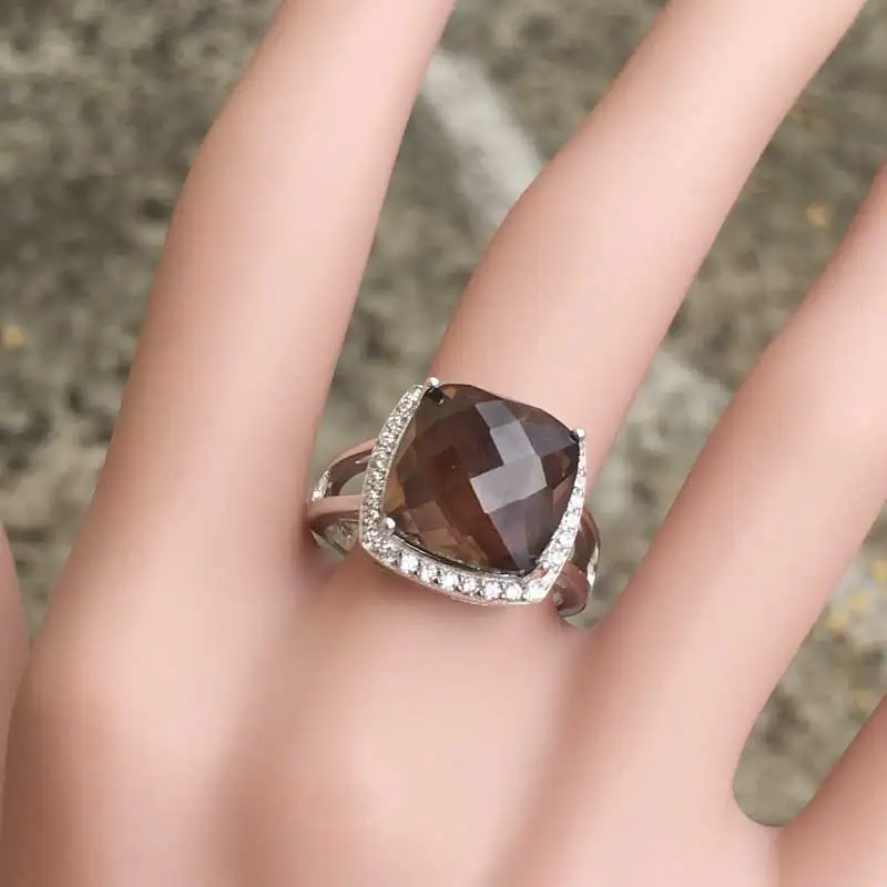 CSJ 100% Natural Smoky Quartz Rings Sterling 925 Silver Cushion Cut 12mm Fine Jewelry Women Femme Wedding Engagement Party Gift