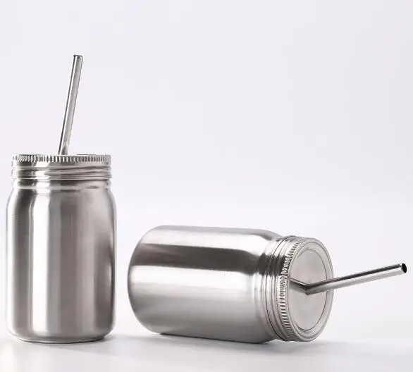 500ml Double Stainless Steel Mason Jar Mason Cup with Lid Straw Coffee Beer Juice Cup