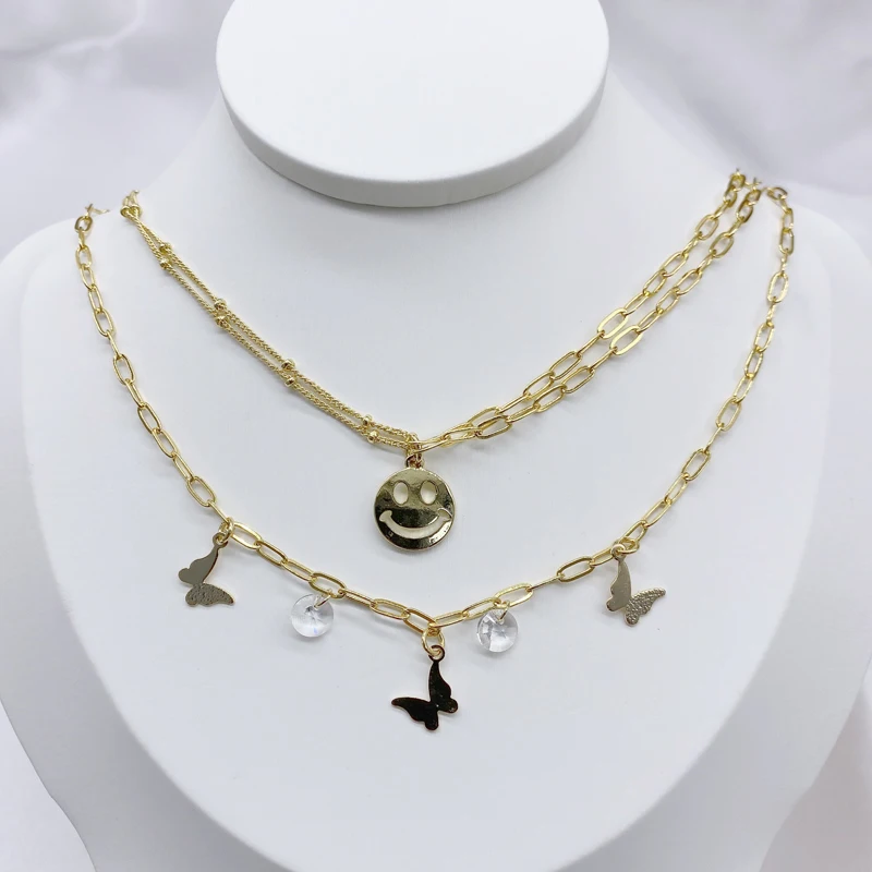 5PCs/lot Jewelry Accessories Little Plated Brass Crystal Oval Chains Happy Smile Face Butterfly Necklace