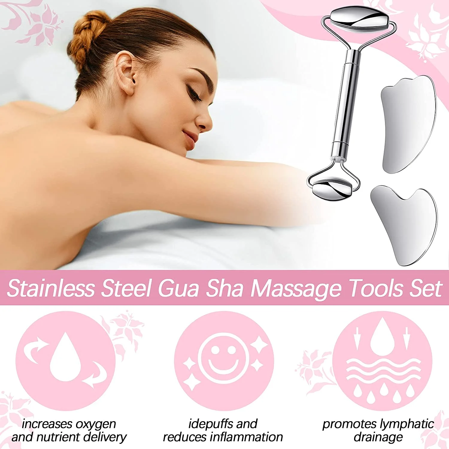 Stainless Steel Facial Roller & Gua Sha Tool Set Face Care Massage Neck Beauty Health Anti Wrinkle Cellulite Skin Detox Massager