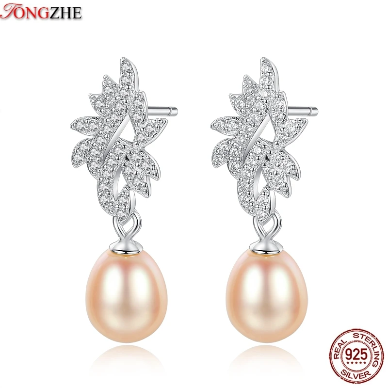 TONGZHE Fashion Sterling Silver 925 Drop Eearring Cubic Zirconia Rose Gold Pearl Jewelry Earrings For Women Pendientes&30