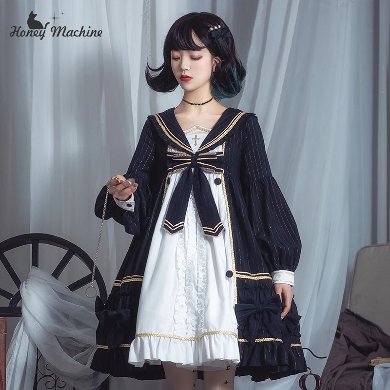 Robe Lolita japonaise à manches longues pour fête thé, col de poupée en cœur, uniforme gothique foncé jk, robe rétro de marin cosplay loli