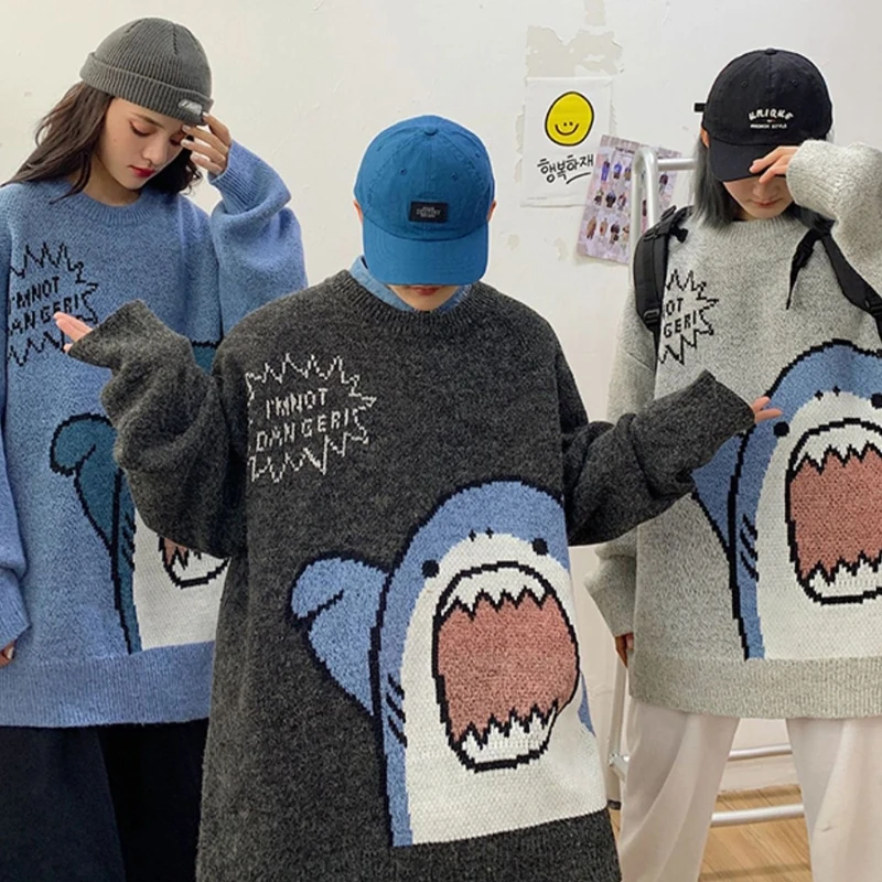 Women Men Cartoon Shark Print Sweater Round Neck Long Sleeve Oversized Pullover Top Harajuku Hip Hop Loose Knit Jumper