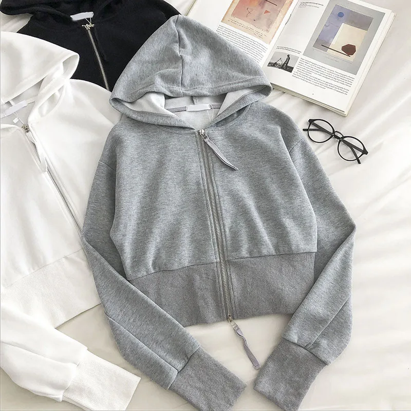 Crop Top Hoodie Women Lace Up Hoodies Long Sleeve Sweatshirts Black White Hoodie For Women Zipper Short Coat Jackets