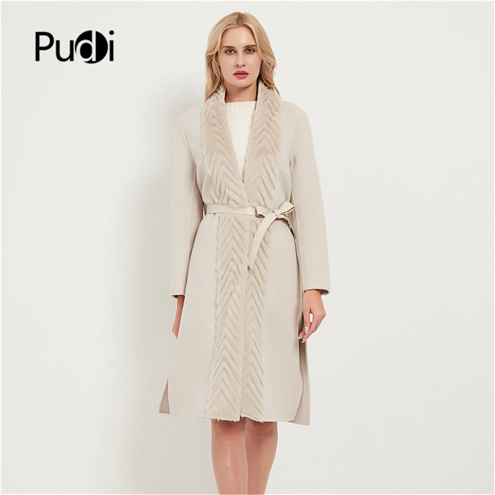 Pudi Women Real Mink Fur Coat Jacket Female Lady Wool Blends Mink Fur Collar Coats Jackets X-long Trench CT038