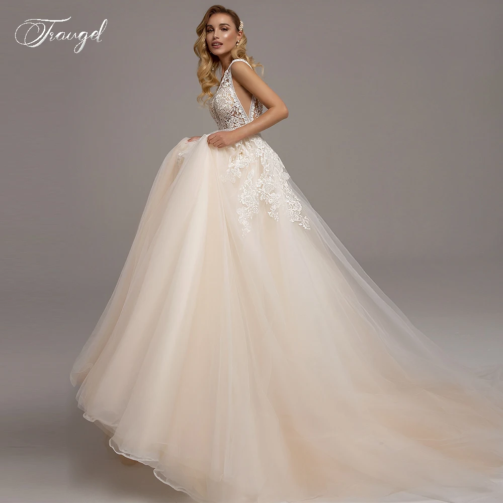 Trugel-vestido de Novia de encaje con espalda descubierta para novia, traje elegante con escote en V, corte en V