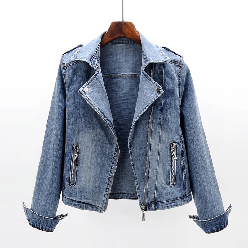 

Elasticity Blue Denim Jacket Coat Women Chaquetas Mujer Korean Suit Collar Outerwear Moto & Bike Slim Short Jeans Jacket Female