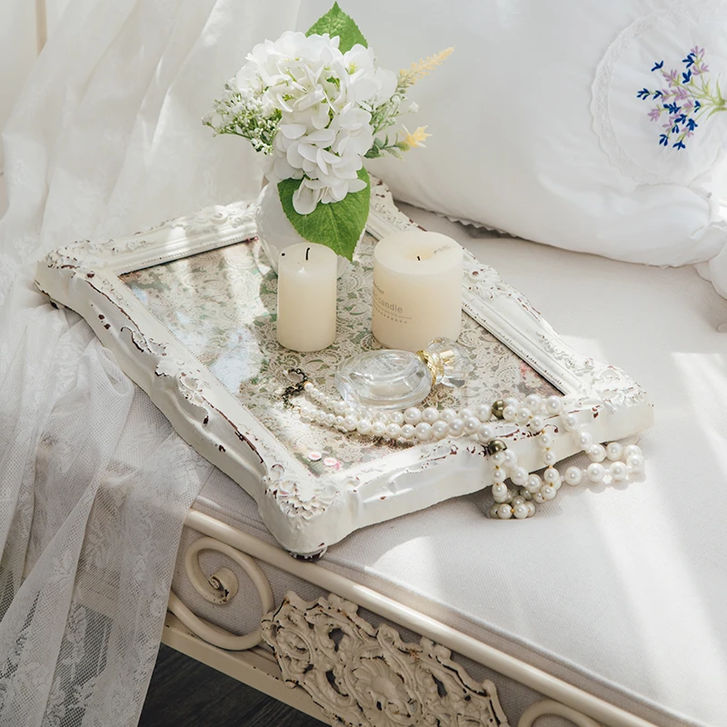 

French Vintage White Tray for Decoration Handcrafted with Glass and Lace Bottom