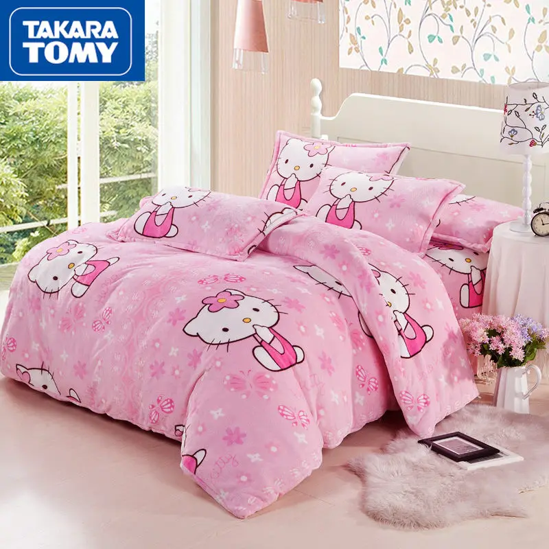 

TAKARA TOMY winter new cartoon Hello Kitty Fala velvet four-piece thick and velvet double-sided warm coral quilt cover bed linen