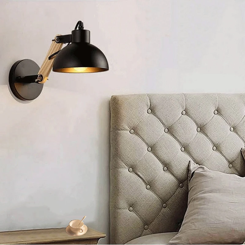 Lámpara LED de pared nórdica para mesita de noche, luces de pared de hierro y madera, práctica, ajustable, para lectura, estudio, iluminación,