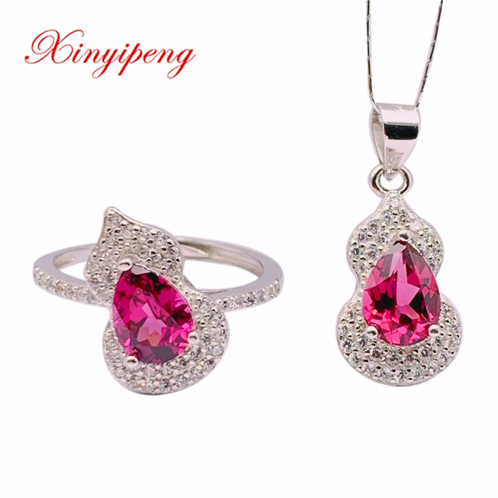 

Xinyipeng Fine Jewelry Real 925 Sterling Silver Plated Gold Inlaid Natural Garnet Ring Pendant Set Engageme Party Gift For Women