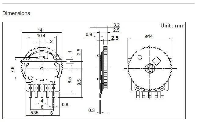 2Pcs Taiwan 10K B103 dual 5-pin dial potentiometer turbine gear turntable volume switch 14*2.5 switch