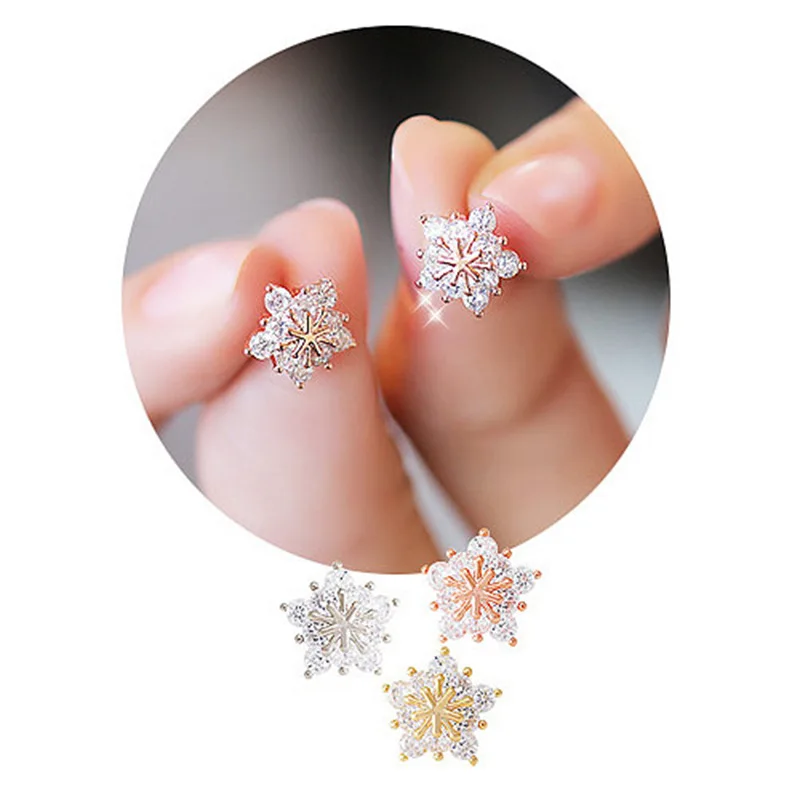 Huitan Winter Snowflake Earrings with Dazzling Crystal Cubic Zirconia 3 Metal Colors Delicate Earrings for Women Fashion Jewelry