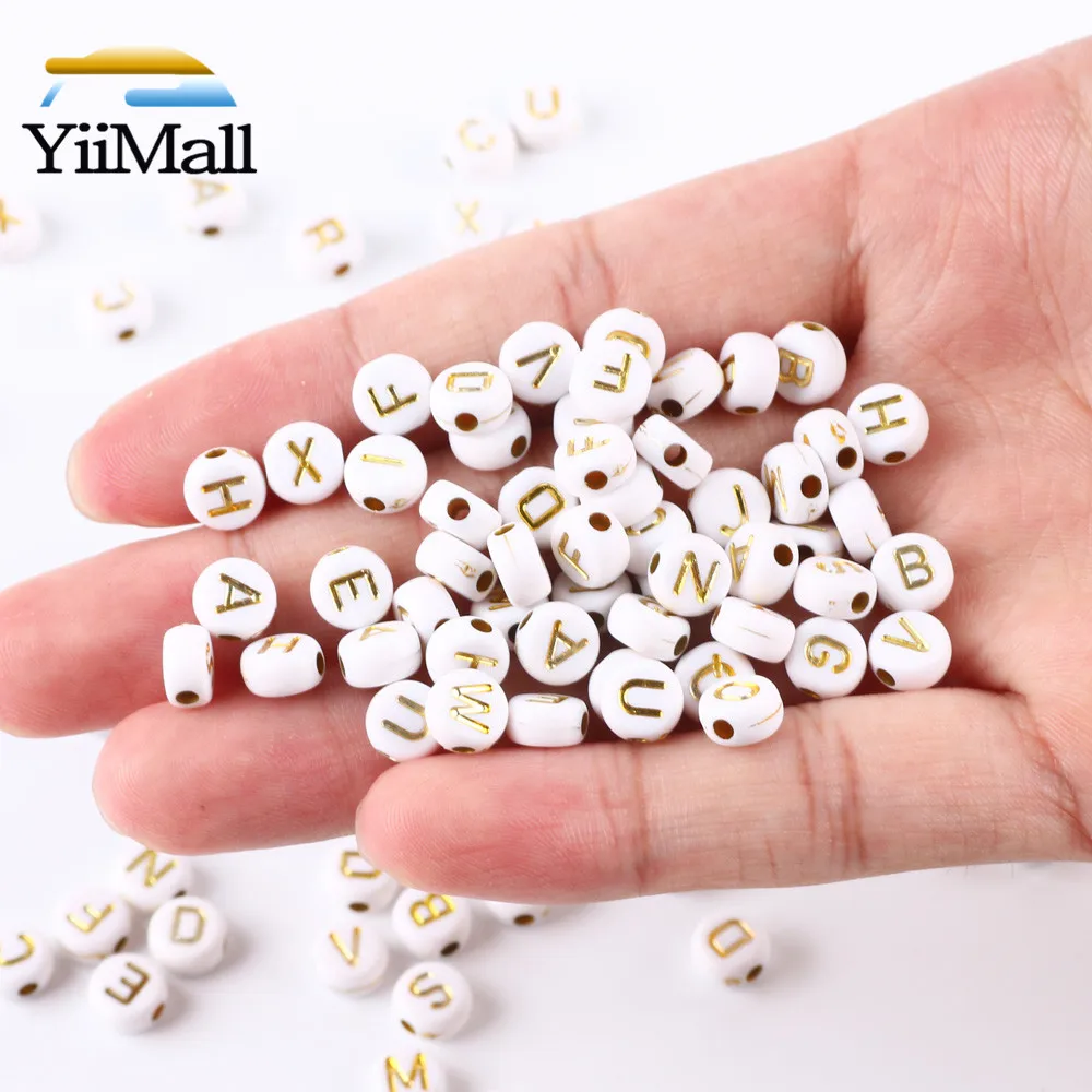 

White Gold Color Mixed Letter Acrylic Beads 7mm Flat Round Spacer Alphabet Beads Jewelry Making Handmade Necklace Bracelet DIY