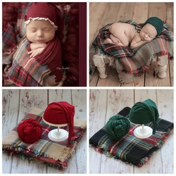 2024 New Arrival Newborn Photography Clothing Christmas 3pcs Set Hat+Wrap + Plaid Blanket Baby Photo Shoot Accessories Red Green