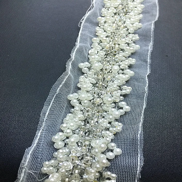 2Yards White Pearl Sequin Embroidered Lace Trim Ribbon Fabric Handmade DIY Wedding Dress Sewing Supplies Craft Mesh Lace Fabric
