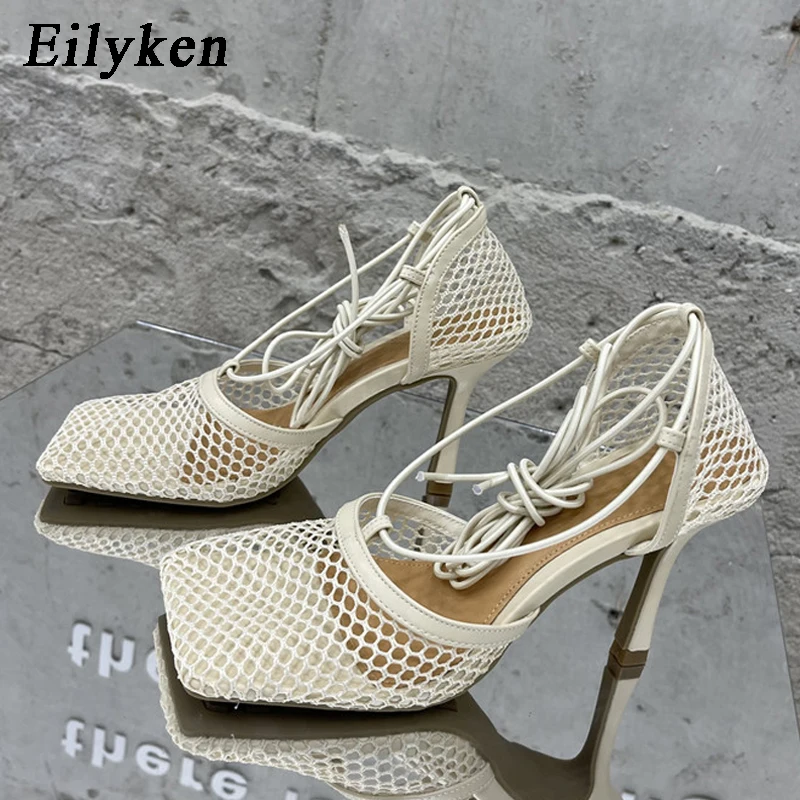 Eilyken Sexy Mesh Pumps Sandals Female Square Toe High Heel Lace Up Cross-Tied Stiletto Hollow Dress Shoes Zapatos Mujer