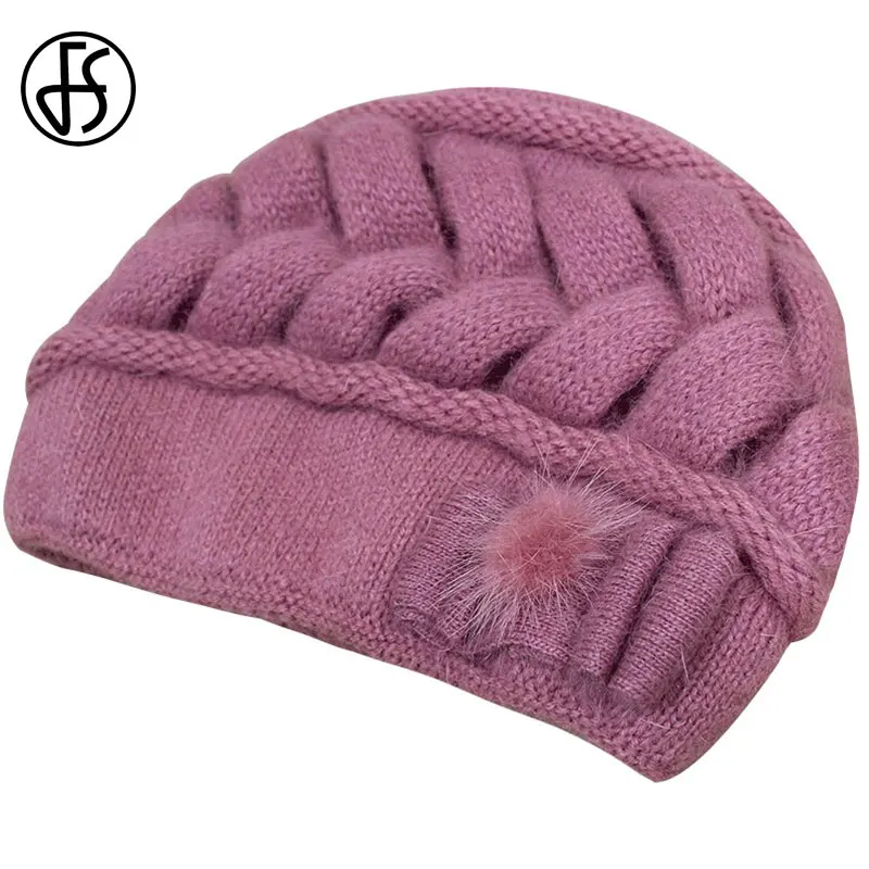 FS Fashion Rabbit Wool Women Caps Thermal Warm Skullies Double Layer Knitted Winter Hat Ear Protect Beanies Gorra Hats Invierno