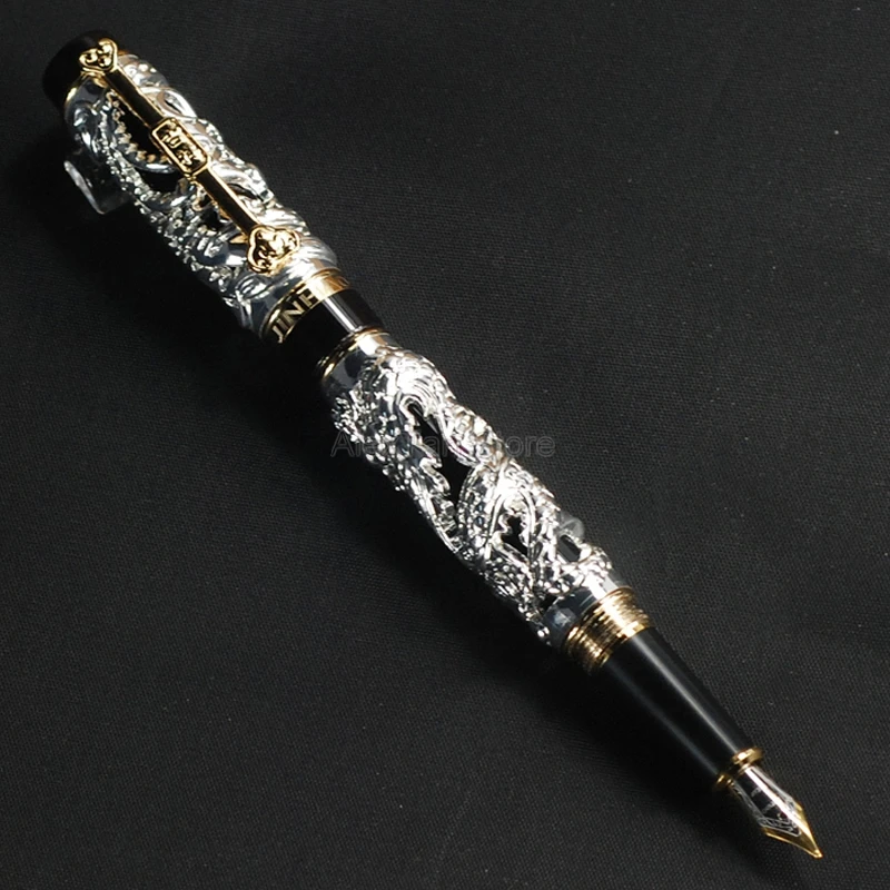 Jinhao Dragon Phoenix Vintage Fountain Pen, Metal Carving Embossing Heavy Pen, Golden & Silver for Office School Stationery