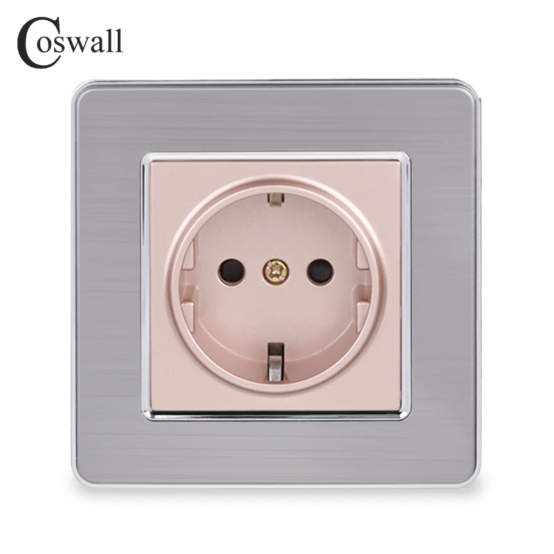 Coswall 16A EU Standard Wall Socket Luxury Power Outlet Stainless Steel Brushed Panel Grounded With Children Protective Door