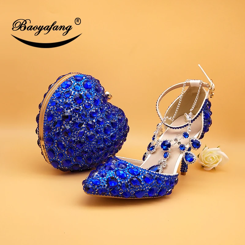 

BaoYaFang New Wedding shoes with matching bag set Royal Blue crystal Bride Payty Dress shoes and Heart Purse women shoes