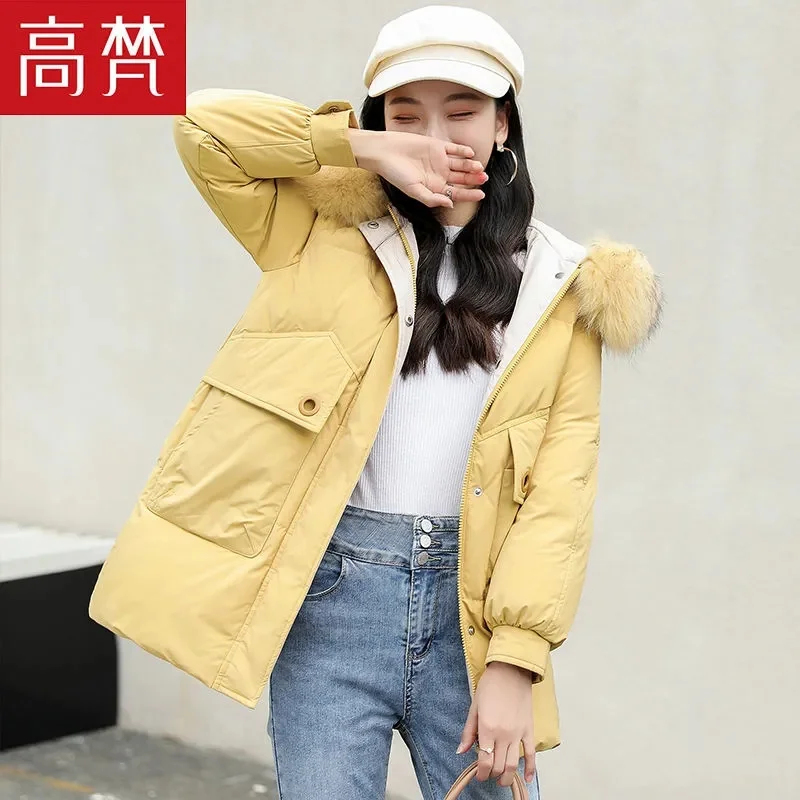Female Down Jacket Mid-length 2021 Women New Fashion Real Fur Collar Jacket Windproof Thick White Duck Down Winter Coat Commute