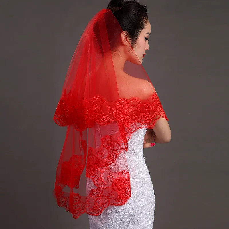 One Layer Lace Edge Appliques, Véu do casamento, Voile, Casamento Acessórios, Vermelho