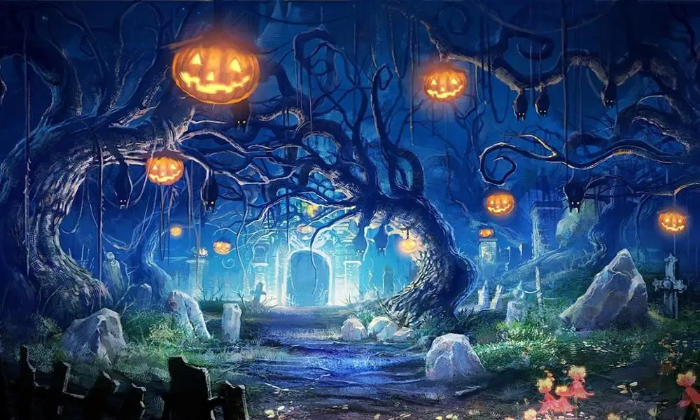 Halloween Theo Chủ Đề Chụp Ảnh Bối Cảnh Đêm Trăng Ma Quái Rừng Bí Ngô Lồng Đèn Nền Cây Chết Ngôi Nhà Bị Ma Ám Đảng Biểu Ngữ