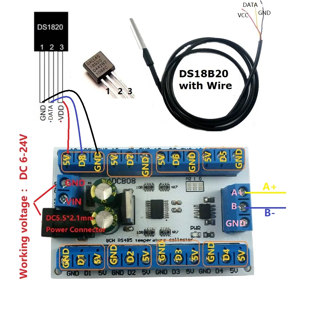 Scheda di acquisizione remota del sensore di temperatura 8Ch e Kit sonda impermeabile DS18B20 da 8 pezzi