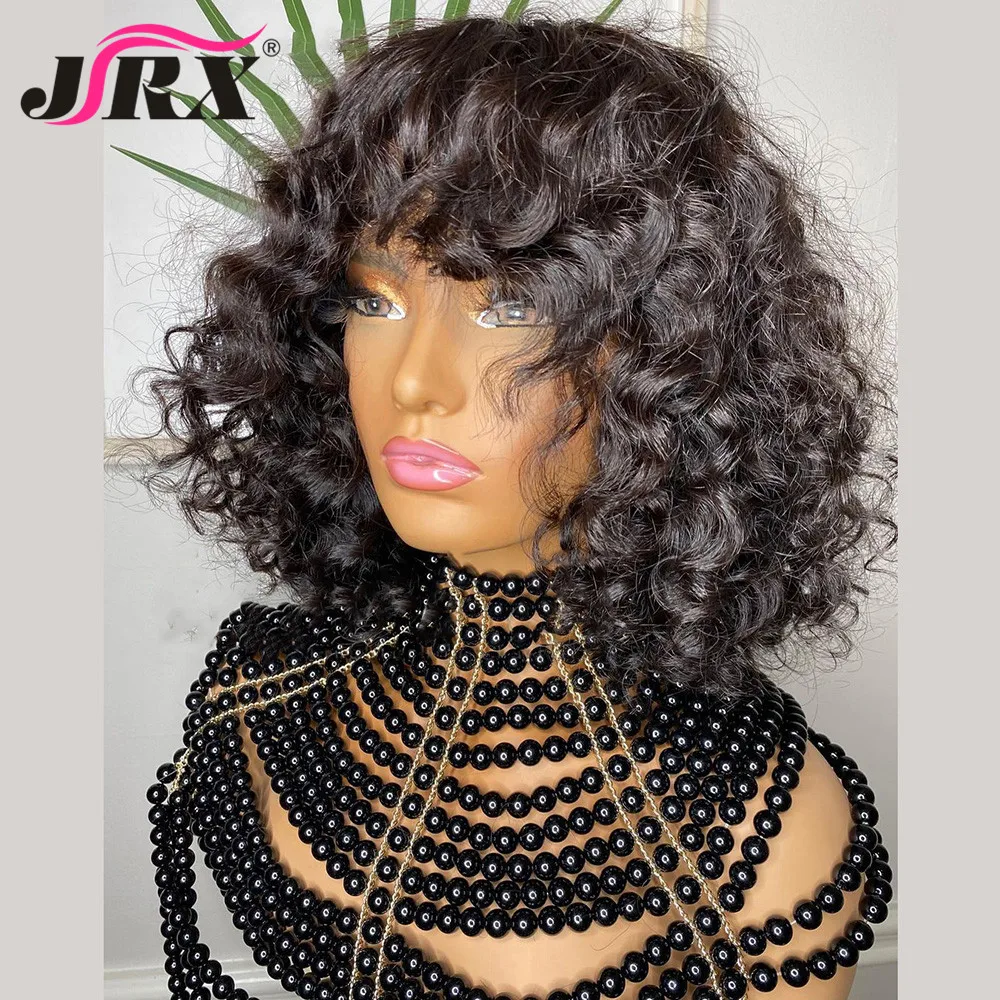 Loose Curly Human Hair Fringe Wigs for Women Peruvian Remy Curly Full Machine Made Short Bob Human Hair Wigs with Bangs