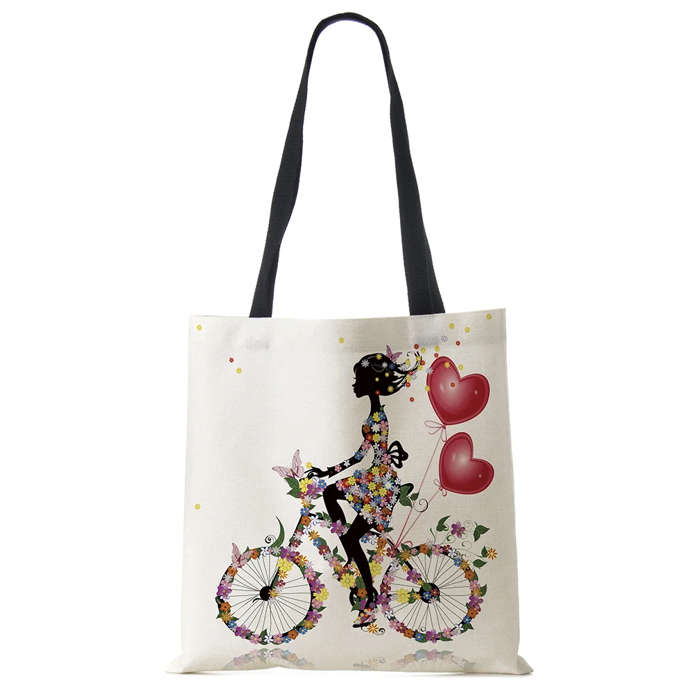 Wishing Girl Print Linen Reusable Shopping Bags Women Large Tote Bags 2020 Fashion Handbags With Customized Printed