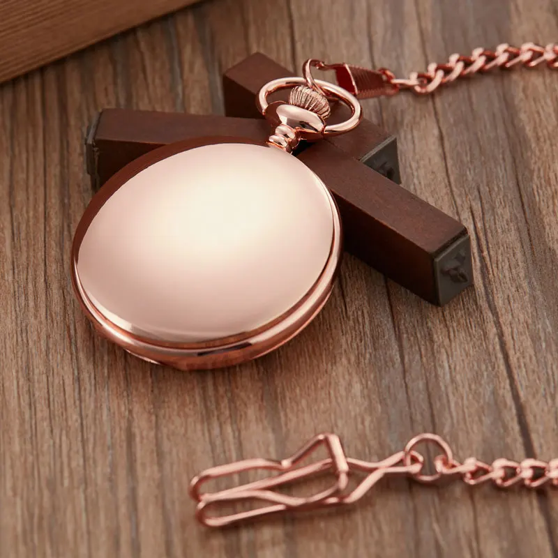 Vintage Rose Gold Smooth Quartz Pocket Watch Men Women Steampunk Pendant Fob Chain Roman Pocket Watch Men Clock Male