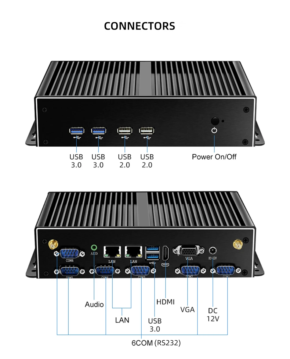 XCY 팬리스 산업용 미니 PC 인텔 코어 I7 5500U 2개의 기가비트 이더넷 LAN 포트 6개의 COM RS232 포트 HDMI VGA 6개의 USB 포트 WiFi 4G LTE 지원 윈도우 리눅스 썸네일 4
