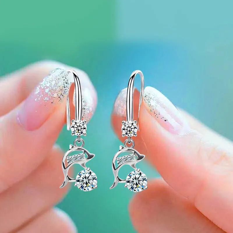 Modna zaręczynowa biżuteria ślubna 925 Sterling Silver Crystal Dolphin Drop Earrings Dla kobiet Prezent urodzinowy na imprezę