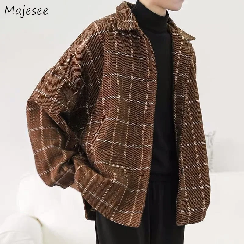 Autunno inverno misto lana uomo Plaid monopetto Vintage College cappotti di lana uomo Oversize Casual Streetwear BF cappotto di moda