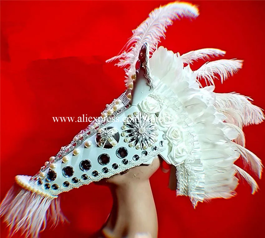 

party Horse Head Headdress White feather Ballroom Headwear Stage dance cosplay Catwalk Show Model Pearl Feather Headgear mask