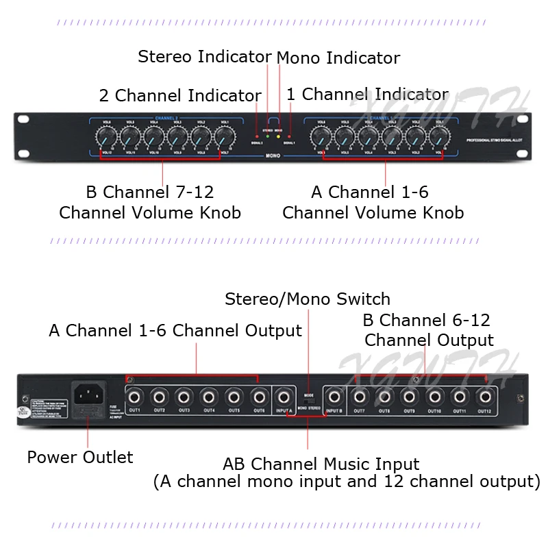 Stereo Mono Audio Signal Distributor 6.5mm XLR Splitter Amplifier Stage Equipment DJ Conference Multi-amplifier Distribution